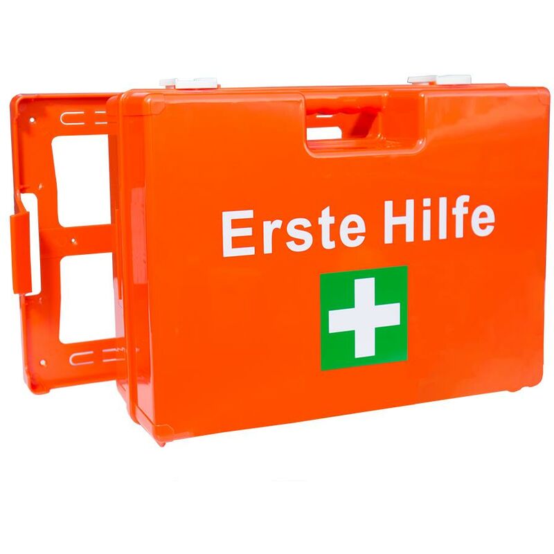 Erste-Hilfe-Koffer für Betriebe DIN 13157 Premium Steelboxx Verbandkasten +  Wandhalter orange 620139
