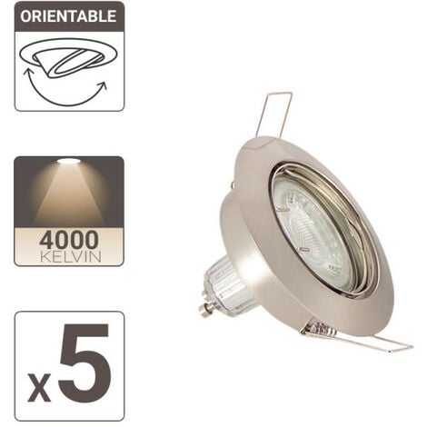 Lot de 5 Spots Encastrés Metal brossé - ORIENTABLE - Ampoule LED GU10 incluses - cons. 4W (eq. 50W) - 345 lumens - Blanc neutre