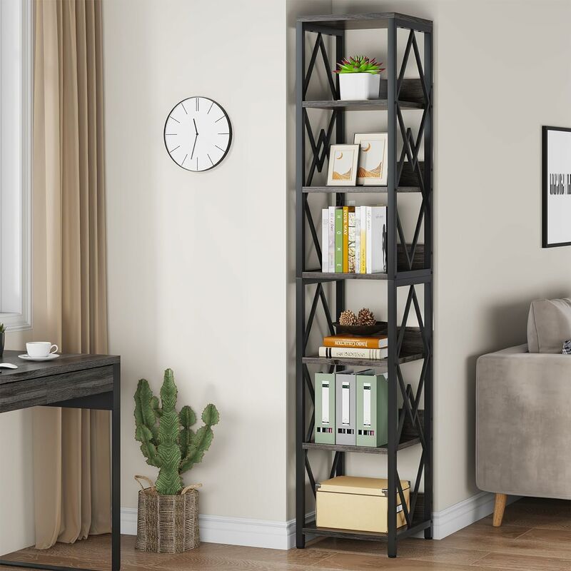 Tribesigns Bibliothèque d'angle à 5 étagères, 180 cm de haut, étagère d' angle industrielle avec cadre en métal pour salon, maison, bureau, marron  rustique : : Maison