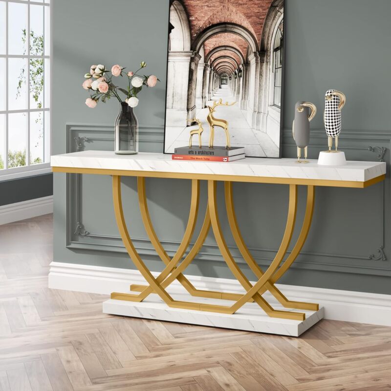 CHOEZON Table Console 3 Niveaux Marbré Doré - Meuble Entrée Bout De Canapé Moderne Avec Rangement