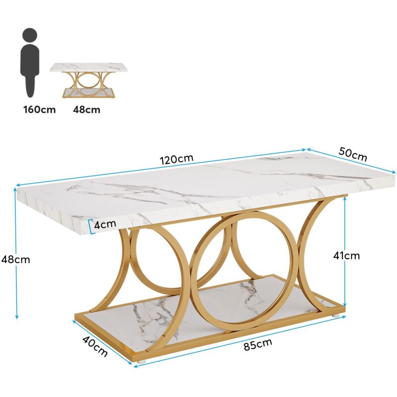 Table basse rectangulaire - 120×50×50cm - Plateau imitation marbre - avec cadre géométrique - Or blanc - Maison