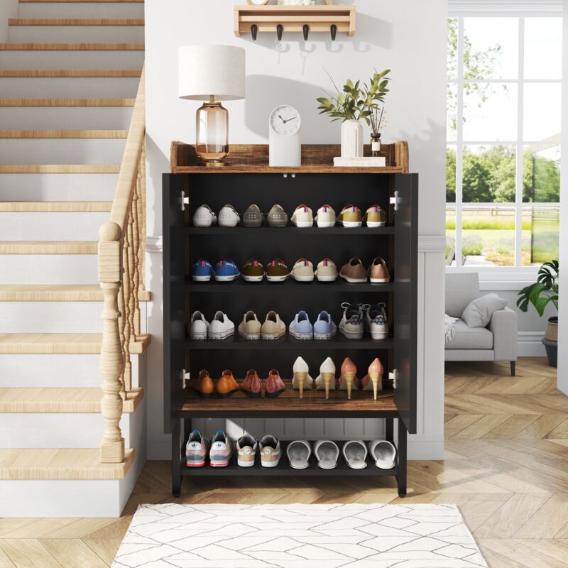 Armoire à Chaussures Étroite 2 Rabats - Meuble Rangement 4 Étagères Avec Pieds Métal - 80x23,8x101,7 Cm - FiveWillowise