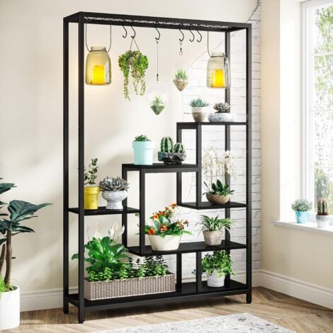 Tribesigns Support pour plantes d'intérieur à 5 niveaux - Grande étagère en métal de 180 cm avec 10 crochets de suspension en S - Multifonction - Pour intérieur, jardin, balcon, salon - Noir