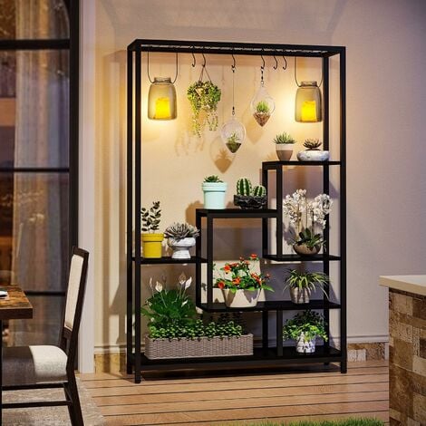 Tribesigns Support pour plantes d'intérieur à 5 niveaux - Grande étagère en métal de 180 cm avec 10 crochets de suspension en S - Multifonction - Pour intérieur, jardin, balcon, salon - Noir