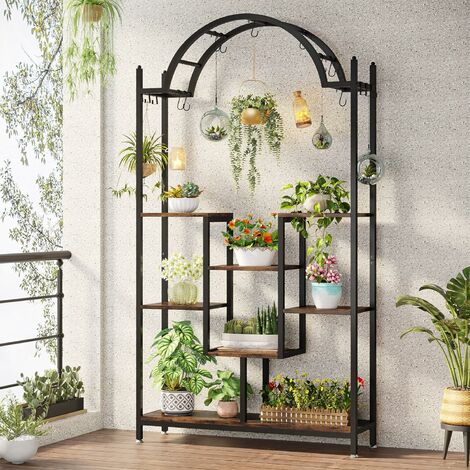 Tribesigns Support Plantes Intérieur 7 Niveaux 180cm - Étagère Demi-Lune Avec Crochets Suspension, Bois Et Métal Industriel