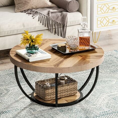 Tribesigns Table basse ronde, table de cocktail industrielle moderne à 2 niveaux avec étagères, table d'appoint de canapé circulaire en bois avec pieds en métal pour le salon, la maison, grain de bois