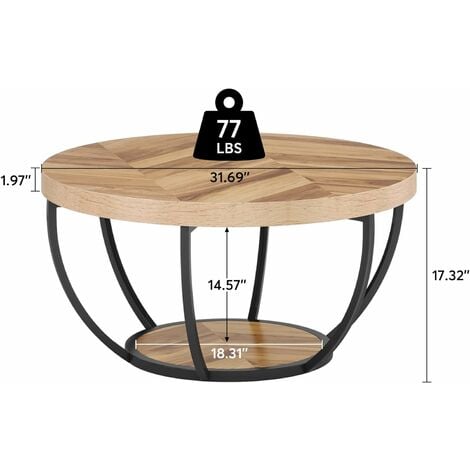 Tribesigns Table basse ronde, table de cocktail industrielle moderne à 2 niveaux avec étagères, table d'appoint de canapé circulaire en bois avec pieds en métal pour le salon, la maison, grain de bois
