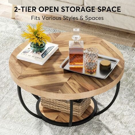Tribesigns Table basse ronde, table de cocktail industrielle moderne à 2 niveaux avec étagères, table d'appoint de canapé circulaire en bois avec pieds en métal pour le salon, la maison, grain de bois