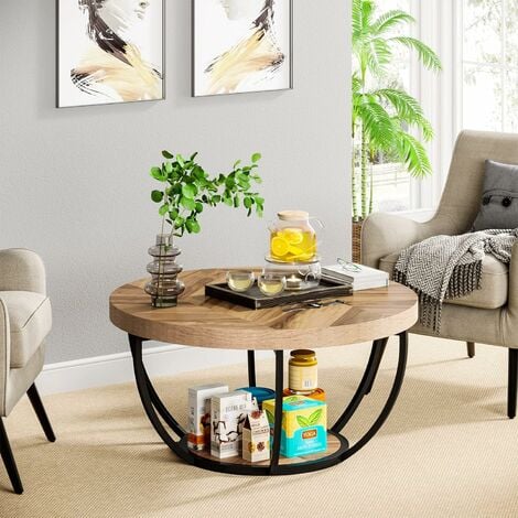 Tribesigns Table basse ronde, table de cocktail industrielle moderne à 2 niveaux avec étagères, table d'appoint de canapé circulaire en bois avec pieds en métal pour le salon, la maison, grain de bois