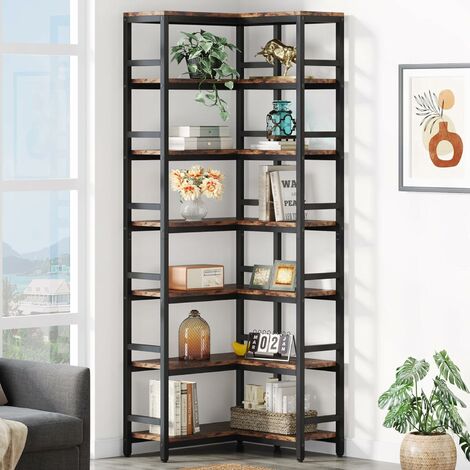 Tribesigns – Bibliothèque d'angle 7 étagères en MDF et métal noir – 200 cm de hauteur – Style industriel pour salon et bureau – Charge 25 kg par étagère