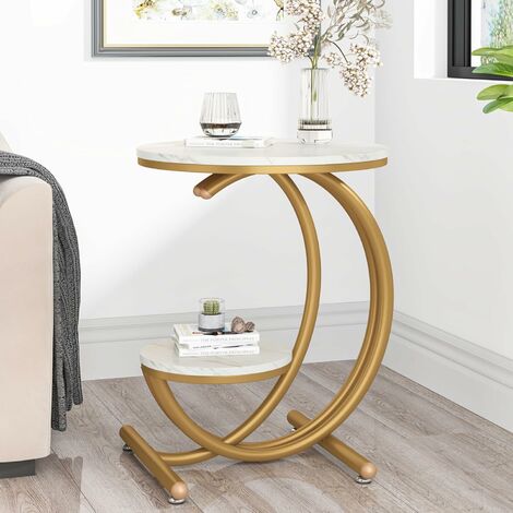 Tribesigns Table d'appoint en imitation marbre, table d'appoint ronde à 2 niveaux avec étagère de rangement, petite table d'appoint, table de chevet moderne pour salon, chambre à coucher (1, blanc/dor