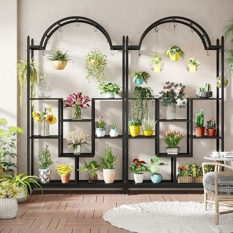 Support Plantes 5 Niveaux 190 Cm Métal Noir – Étagère Grande Hauteur 8 Crochets S – Idéal Intérieur, Balcon, Salon – Tribesigns