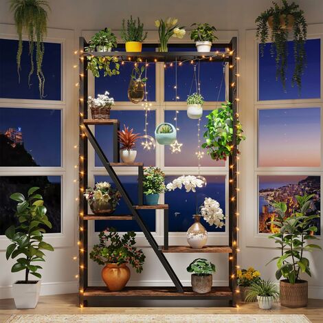 BACEKOLL Lot De 2 Supports De Plantes Avec Lumière De Croissance, 7 Niveaux, 165 Cm, En Métal Et Bois, Pour L'intérieur, L'extérieur, Le Jardin, Le Balcon, Noirs