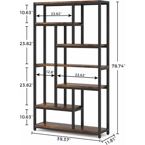 Tribesigns Bibliothèque à 7 niveaux avec cadre en acier - Étagère autoportante pour salon, cuisine ouverte - Étagère de rangement pour bureau, chambre à coucher, cuisine - 200 x 100 x 30 cm - Marron