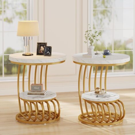 Tribesigns Table d'appoint en marbre Artificiel à 2 étages, Table d'appoint avec étagère de Rangement, Table de Chevet Moderne en Or Blanc avec Cadre en Forme d'arc en métal pour Salon (2PC) (1/5)