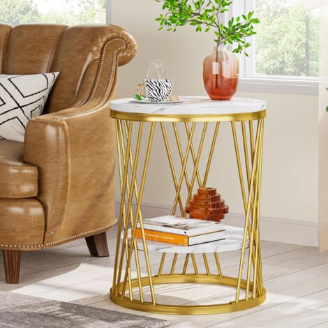 Tribesigns – Table d'appoint ronde en faux marbre blanc – Cadre en métal doré – 2 niveaux – Dimensions 45x59cm – Élégante pour salon et chambre