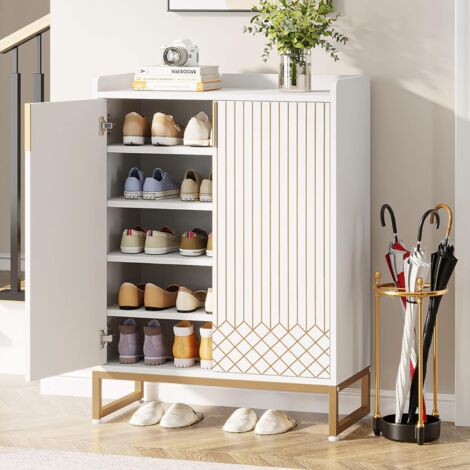 Tribesigns – Armoire à chaussures blanche 5 niveaux – Capacité 25 paires – Structure en bois et métal – Finition minimaliste avec portes