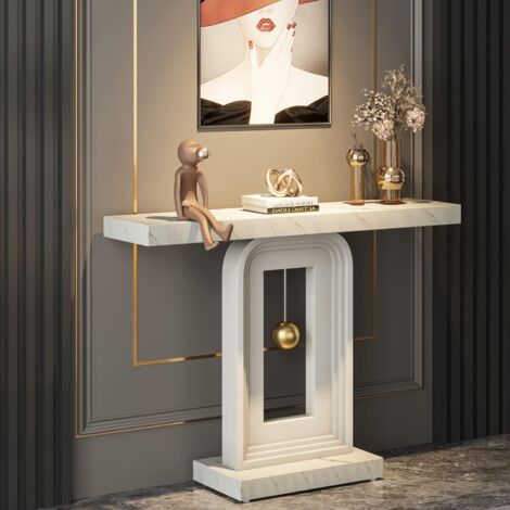 Tribesigns – Table console 100cm en bois et marbre blanc – Base en forme de pendule – Surface résistante aux rayures – Pour couloir et entrée