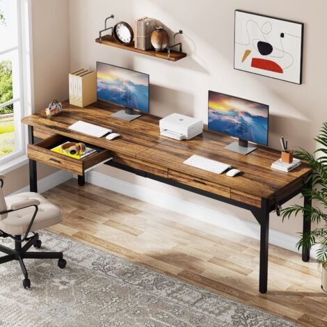 Tribesigns – Bureau droit double 200 x 60 x 82 cm – 2 tiroirs – Panneau E0 et cadre métal – Marron rustique pour bureau à domicile