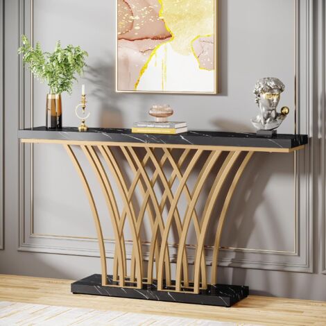 Tribesigns – Table console dorée 150 x 29,5 x 80 cm – Plateau en marbre synthétique – Pied en métal en forme de grille – Pour entrée et salon