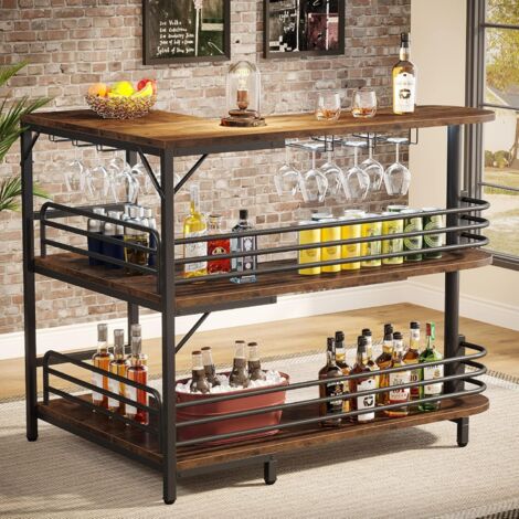 Tribesigns – Table de bar en L 120x90 cm – 3 niveaux avec étagères à vin et support verres – Meuble bar rustique pour salon et cuisine (1/5)