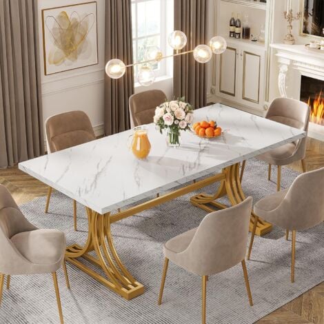 Tribesigns Table de salle à manger rectangulaire de 160 cm pour 4 à 6 personnes, table de cuisine moderne avec dessus de table en imitation marbre et pieds en métal élégants, tables de dîner blanches