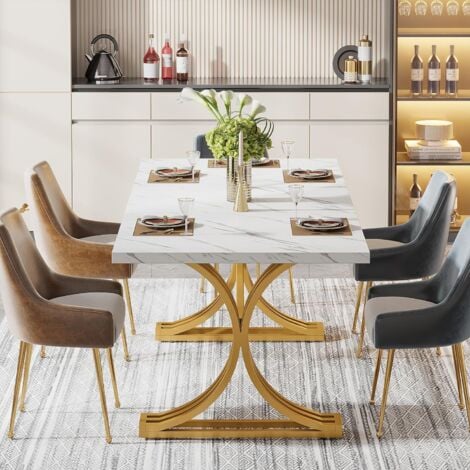 Tribesigns Table de salle à manger rectangulaire de 160 cm pour 4 à 6 personnes, table de cuisine moderne avec dessus de table en imitation marbre et pieds en métal élégants, tables de dîner blanches