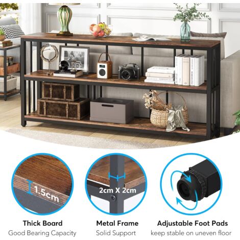 Console Entrée 180 Cm Avec Multiprise Intégrée - Table Étroite 2 Niveaux En Bois Et Métal - 2 Prises + 2 Ports USB - Marron/Noir - Pour Salon, Couloir - 11