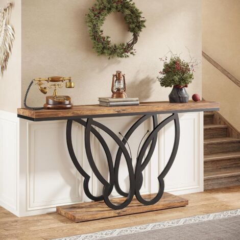Tribesigns Table Console de 140 cm, Table d'entrée vec Cadre en métal Papillon, Table de canapé Tables d'appoint Longue et étroite en Bois pour l'entrée du Couloir du Salon, Foyer, Marron et Noir
