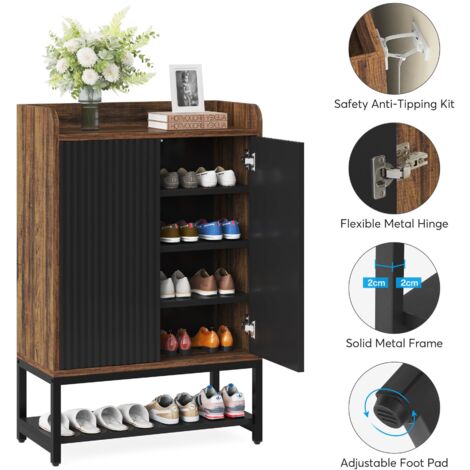 Armoire à Chaussures En Bois 5 Niveaux Avec Portes à Persiennes - Rangement Jusqu'à 20 Paires - Pour Entrée Ou Couloir