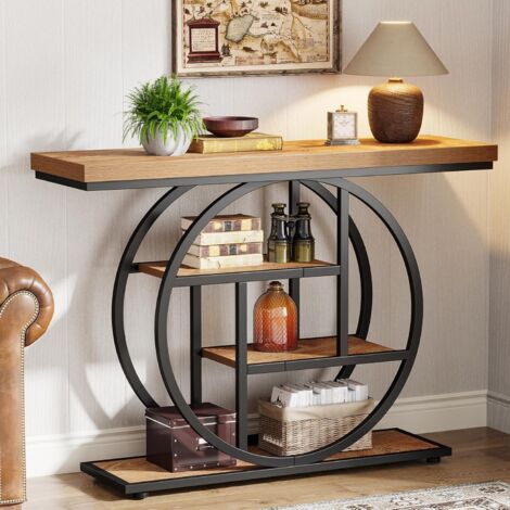 Tribesigns Table console industrielle à 4 niveaux avec base circulaire, tables d'appoint étroites en bois avec étagères de rangement pour salon, couloir, foyer, marron clair 105 cm