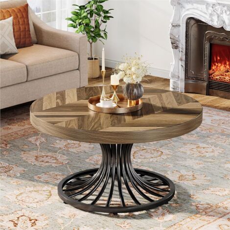 Tribesigns Table basse ronde, table basse circulaire de ferme de 80 cm avec piédestal en métal élégant, table basse unique industrielle, petite table centrale pour le salon, marron rustique et noir