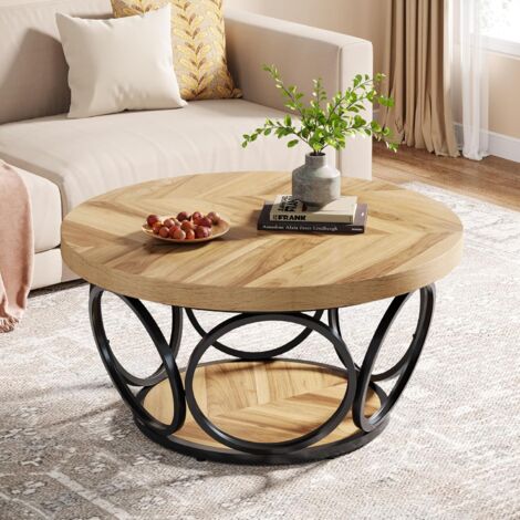 Tribesigns – Table basse ronde 80 cm – Structure en métal – 2 étagères de rangement – Design rustique en bois – Montage facile
