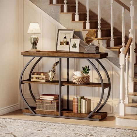 Tribesigns – Table console industrielle 105 cm – 3 niveaux avec cadre en métal arqué – Étagères de rangement marron rustique – Pour salon et couloir