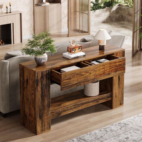 Tribesigns – Table console marron 140 x 30 x 84,5 cm – 2 tiroirs coulissants – Plateau MDF renforcé 4,5 cm – Profondeur réduite pour petits espaces