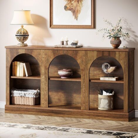 Tribesigns Table console de style rustique de 160 cm de long avec 3 niveaux de rangement, table de canapé rectangulaire en bois derrière le canapé pour entrée, couloir, salon, marron