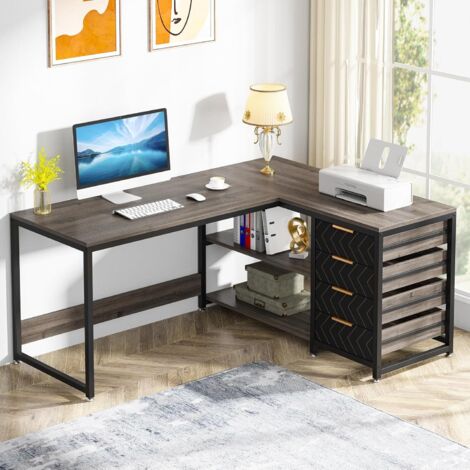 Tribesigns Bureau d'angle en Forme de L avec étagères, réversible, en Forme de L, avec Support D'écran et étagères, pour Bureau, à Domicile, Marron,150  120  75cm (Gris)