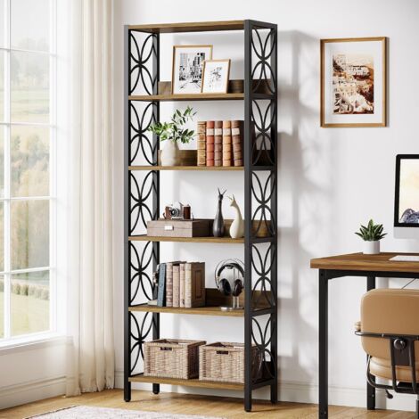 Tribesigns – Bibliothèque haute 180 cm – 6 étagères en métal noir – Design industriel avec motif de pétales – Rangement vertical pour maison et bureau (1/5)