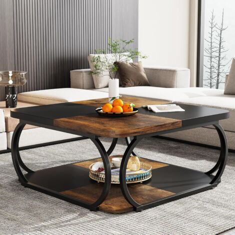 Tribesigns – Table basse carrée 100x100x50 cm – Bois noir et marron rustique – Design moderne et rustique – Espace de rangement pratique