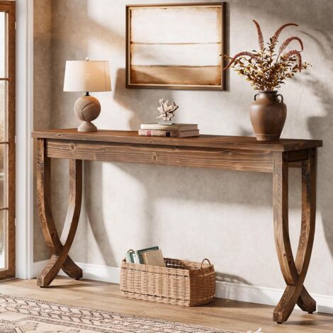 Tribesigns – Console en bois massif 160 cm – Table d'entrée style ferme – Longue pour salon, couloir – Marron, pieds incurvés, montage facile