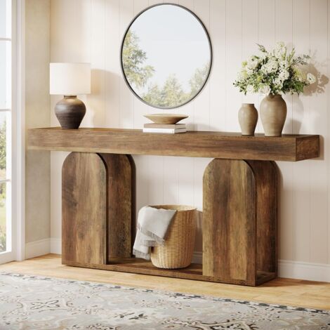 Tribesigns Console Bois, 160×30×85cm Console D'entrée Base en U, 2 Niveaux Meuble D'entrée pour Entrée, Couloir et Salon, Marron Clair