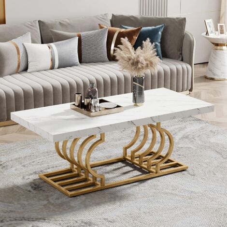Tribesigns – Table basse rectangulaire en faux marbre – Piètement géométrique en métal doré – Surface 120x50cm – Design moderne pour salon (1/5)