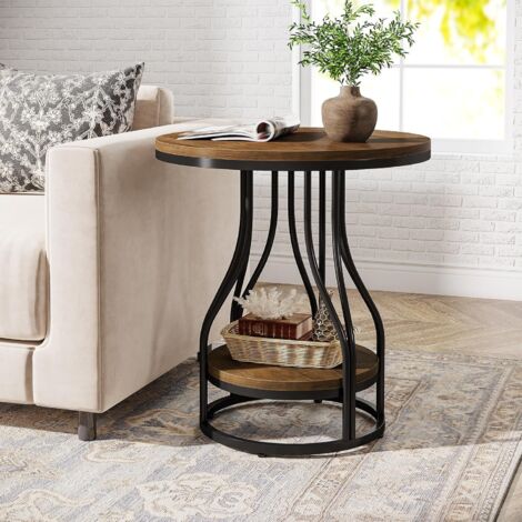 Tribesigns Table d'appoint ronde à 2 niveaux, table de chevet moderne avec rangement pour canapé, table de nuit avec cadre en métal pour salon (1, marron + noir)