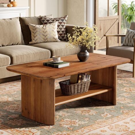 Tribewood Table basse en bois massif avec espace de rangement, 120 cm de long, rectangulaire à 2 niveaux, stable pour salon, bureau, marron rustique (1/5)