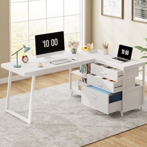 Tribesigns Bureau d'ordinateur en forme de L avec 3 tiroirs, bureau d'angle réversible avec étagères, bureau d'ordinateur industriel de 134 cm, table d'écriture pour petit espace, blanc