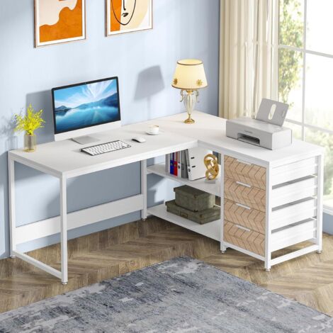 Tribesigns Bureau d'ordinateur en forme de L avec tiroirs de rangement, bureau d'angle de 150 cm avec étagères, bureau réversible en forme de L, table d'écriture, station de travail pour bureau à