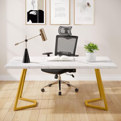 Tribesigns – Bureau droit blanc et doré 140 x 80 cm – Plateau en bois imitation marbre – Pieds en métal robuste – Montage facile