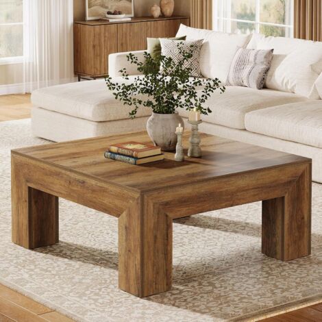 Tribesigns Table Basse Carrée pour Salon, 100 x 100 x 50 cm, Table de Salon Bois, Table d'appoint Farmhouse en MDF avec Pieds en Bois Robustes, Marron Rustique