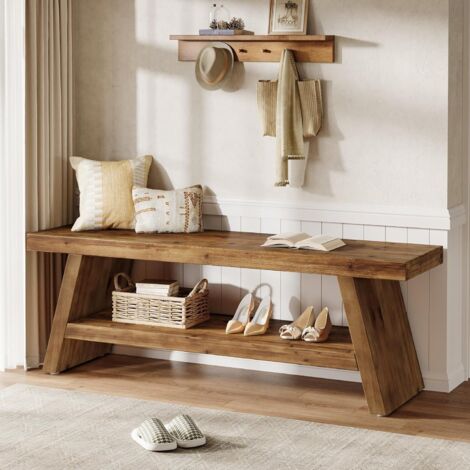 Banc d'entrée à deux niveaux, banc de couloir en bois massif avec étagères ouvertes, banc à chaussures en bois pour l'intérieur, convient pour entrée, salon, chambre à coucher (marron