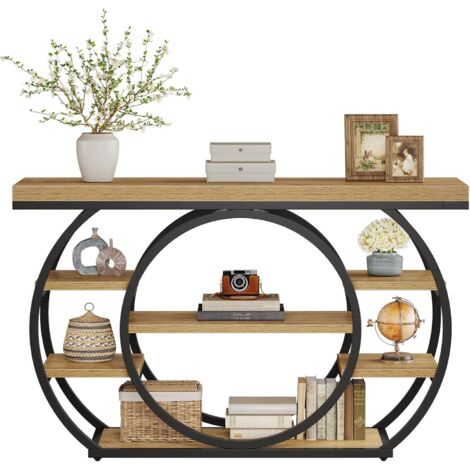 Tribesigns – Table console étroite 120 x 30 x 80 cm – 4 étagères ouvertes en bois massif – Base circulaire en métal – Style industriel rustique